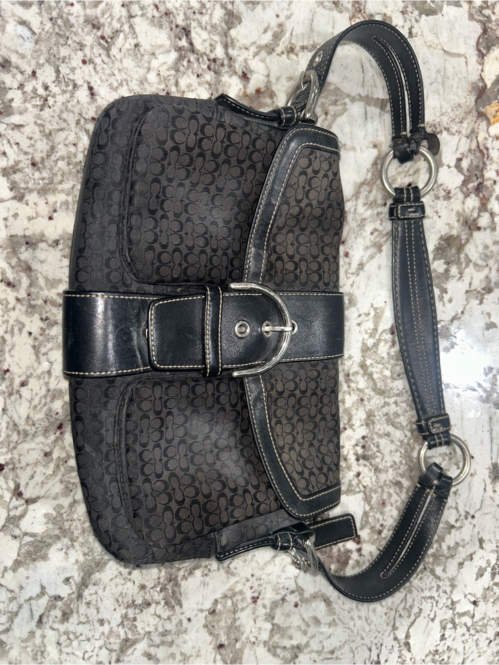 Authentic VTG Coach Black Signature Jacquard Shoulder Bag w Leather Buckle Strap